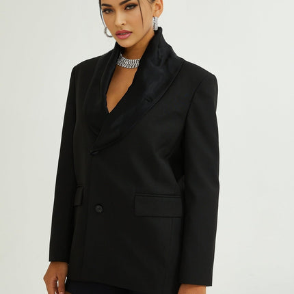 Charlotte Black Wool Blazer with Shawl Lapels and Single Button Fastening