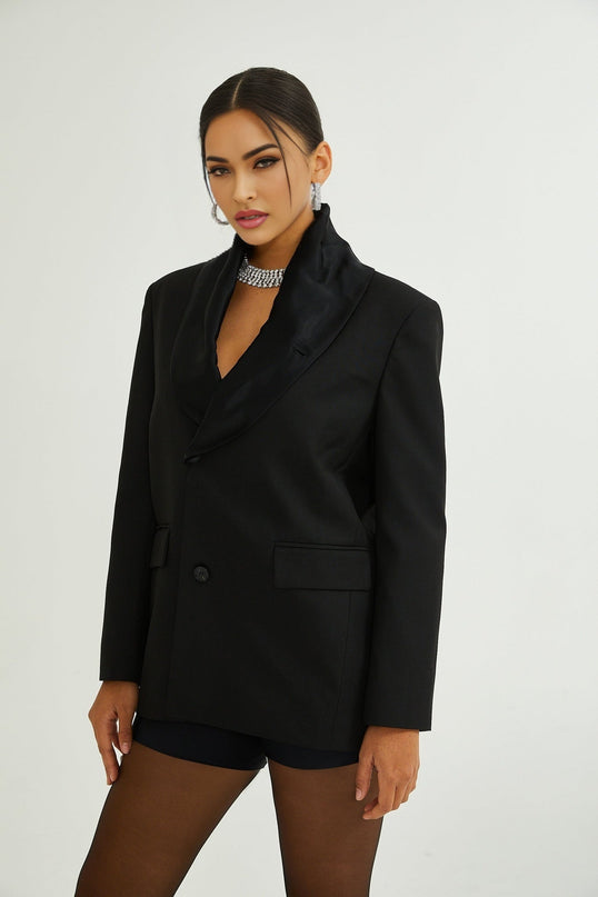 Charlotte Black Wool Blazer with Shawl Lapels and Single Button Fastening