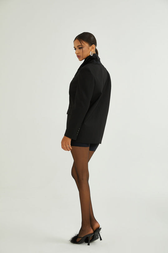 Charlotte Black Wool Blazer with Shawl Lapels and Single Button Fastening