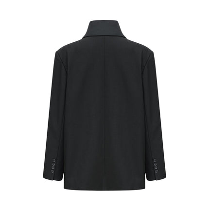 Charlotte Black Wool Blazer Shawl Lapels Single Button Fastening Long Sleeves Front Flap Pockets Straight Hem Formal Event Versatile Garment