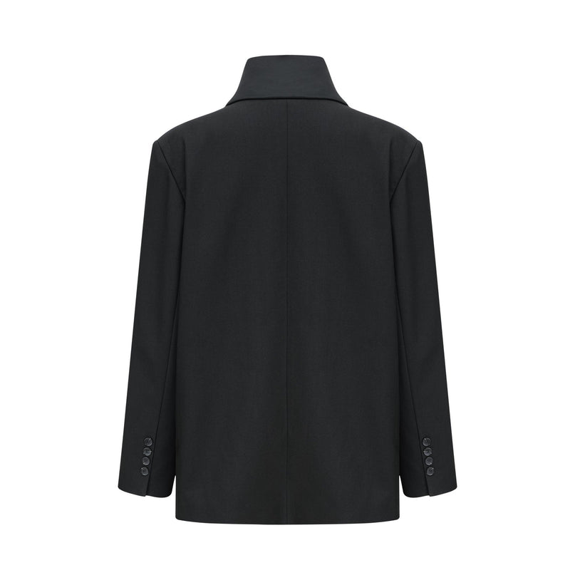 Charlotte Black Wool Blazer Shawl Lapels Single Button Fastening Long Sleeves Front Flap Pockets Straight Hem Formal Event Versatile Garment