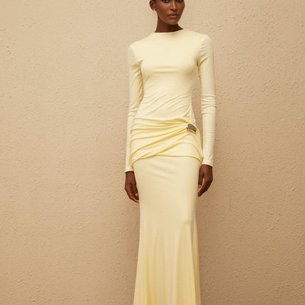 Charlotte Maxi Dress in Yellow crew neck long sleeves fitted waistline flared hem gathered detailing shirred panel embossed silver-tone hardware rear slit zip fastening 95% Lyocell 5% Spandex refined style impeccable craftsmanship