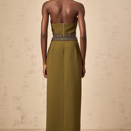 Charlotte Olive Green Beaded Halterneck Top and Floor-Length Skirt Set