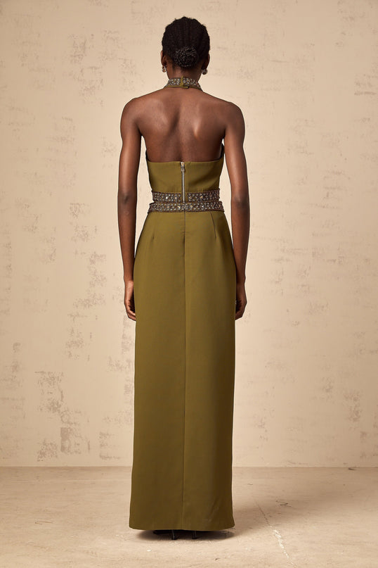 Charlotte Olive Green Beaded Halterneck Top and Floor-Length Skirt Set