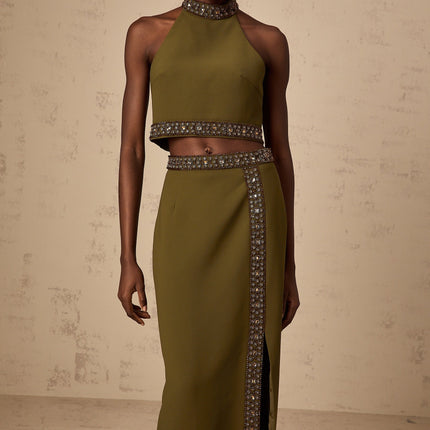 Charlotte Olive Green Beaded Halterneck Top and Floor-Length Skirt Set