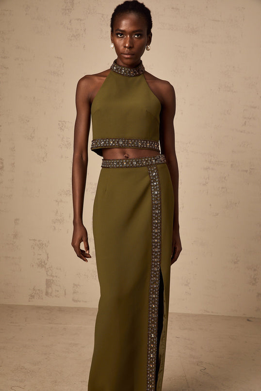 Charlotte Olive Green Beaded Halterneck Top and Floor-Length Skirt Set