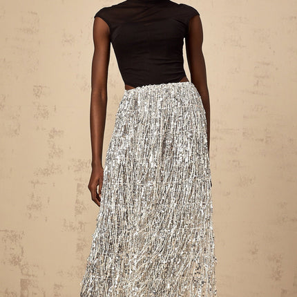 Charlotte Silver & Black Skirt Top Set Terylene Fiber Sequin Fringed Maxi Length Semi-Sheer Cap Sleeves Corset Boned Bodice Elasticated Waistband Special Occasions