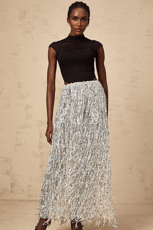 Charlotte Silver & Black Skirt Top Set Terylene Fiber Sequin Fringed Maxi Length Semi-Sheer Cap Sleeves Corset Boned Bodice Elasticated Waistband Special Occasions