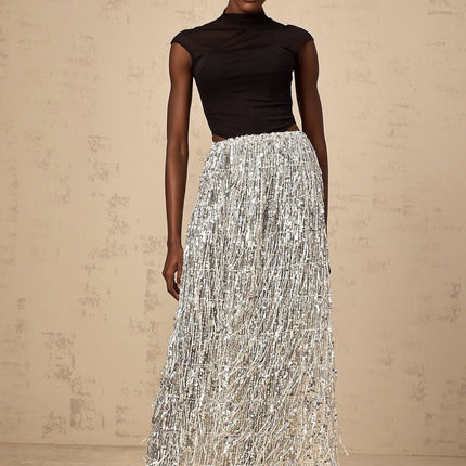 Charlotte Silver & Black Skirt Top Set Terylene Sequin Fringed Draping Maxi Semi-Sheer Cap Sleeves Corset Bodice Elasticated Waistband Glamour Special Occasions