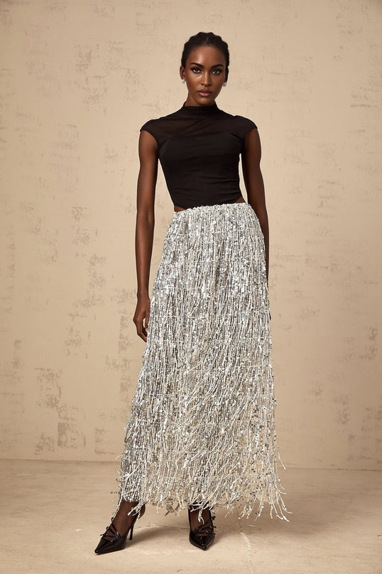 Charlotte Silver & Black Skirt Top Set Terylene Sequin Fringed Draping Maxi Semi-Sheer Cap Sleeves Corset Bodice Elasticated Waistband Glamour Special Occasions