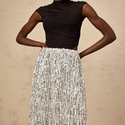 Charlotte Silver & Black Skirt Top Set Terylene Fiber Sequin Embellished Fringed Maxi Length Semi-Sheer Cap Sleeves Corset-Style Boned Bodice Elasticated Waistband Show-Stopping Look Special Occasions Exquisite Ensemble