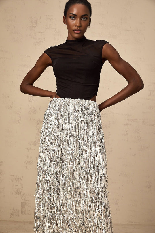 Charlotte Silver & Black Skirt Top Set Terylene Fiber Sequin Embellished Fringed Maxi Length Semi-Sheer Cap Sleeves Corset-Style Boned Bodice Elasticated Waistband Show-Stopping Look Special Occasions Exquisite Ensemble