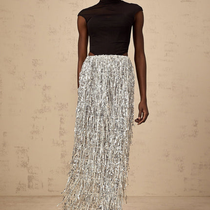 Charlotte Silver & Black Skirt and Top Set Terylene Fiber Sequin Embellished Fringed Maxi Length Semi-Sheer Cap Sleeves Corset-Style Boned Bodice Elasticated Waistband Special Occasions