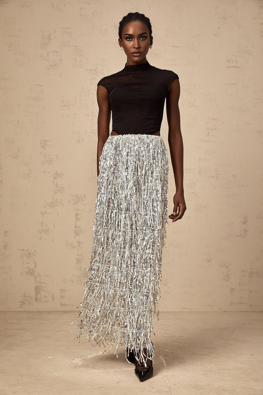 Charlotte Silver & Black Skirt and Top Set Terylene Fiber Sequin Embellished Fringed Maxi Length Semi-Sheer Cap Sleeves Corset-Style Boned Bodice Elasticated Waistband Special Occasions