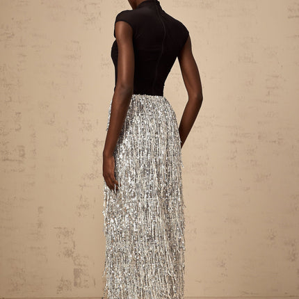 Charlotte Silver & Black Skirt Top Set Terylene Fiber Sequin Fringed Design Draping Maxi Length Semi-Sheer Mock Neck Cap Sleeves Corset Boned Bodice Curved Hem Rear Zip Fastening Elasticated Waistband Special Occasions Show-Stopping Look Exquisite Ensemble