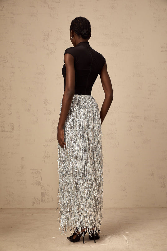 Charlotte Silver & Black Skirt Top Set Terylene Fiber Sequin Fringed Design Draping Maxi Length Semi-Sheer Mock Neck Cap Sleeves Corset Boned Bodice Curved Hem Rear Zip Fastening Elasticated Waistband Special Occasions Show-Stopping Look Exquisite Ensemble