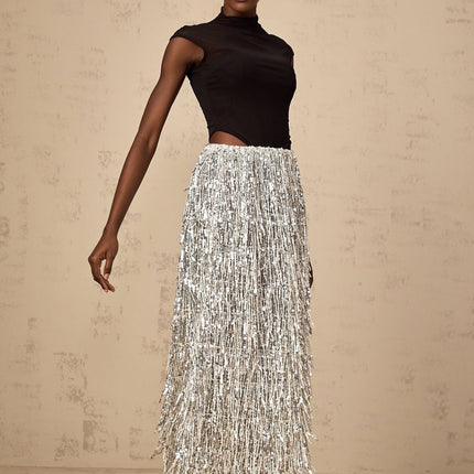 Charlotte Silver & Black Skirt Top Set Terylene Fiber Sequin Fringed Draping Maxi Length Semi-Sheer Cap Sleeves Corset Boned Bodice Curved Hem Elasticated Waistband Special Occasions