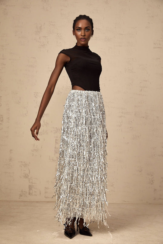 Charlotte Silver & Black Skirt Top Set Terylene Fiber Sequin Fringed Draping Maxi Length Semi-Sheer Cap Sleeves Corset Boned Bodice Curved Hem Elasticated Waistband Special Occasions