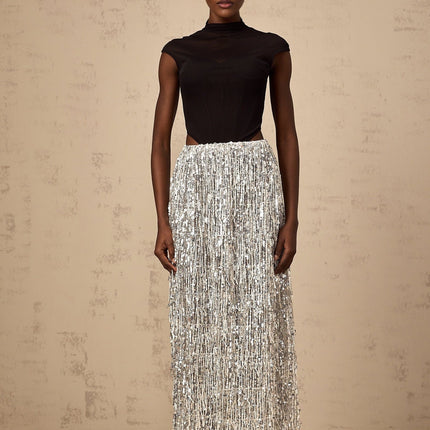 Charlotte Silver & Black Skirt Top Set Terylene Fiber Sequin Fringed Draping Maxi Length Semi-Sheer Mock Neck Cap Sleeves Corset Boned Bodice Curved Hem Elasticated Waistband Show-Stopping Look Special Occasions Exquisite Ensemble