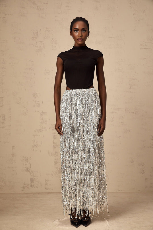 Charlotte Silver & Black Skirt Top Set Terylene Fiber Sequin Fringed Draping Maxi Length Semi-Sheer Mock Neck Cap Sleeves Corset Boned Bodice Curved Hem Elasticated Waistband Show-Stopping Look Special Occasions Exquisite Ensemble