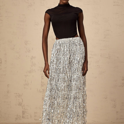 Charlotte Silver & Black Skirt Top Set Terylene Sequin Fringed Maxi Semi-Sheer Corset Bodice Elasticated Waistband Glamour Special Occasions