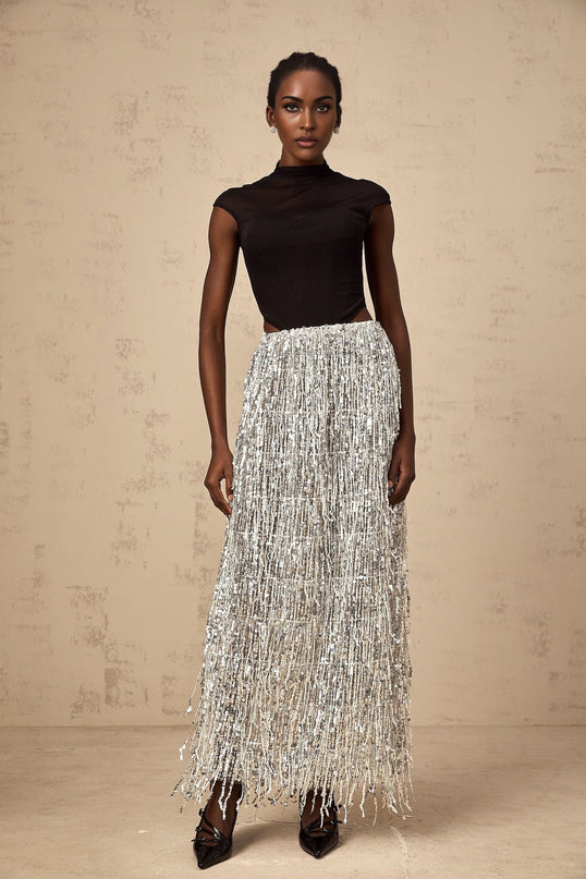 Charlotte Silver & Black Skirt Top Set Terylene Sequin Fringed Maxi Semi-Sheer Corset Bodice Elasticated Waistband Glamour Special Occasions