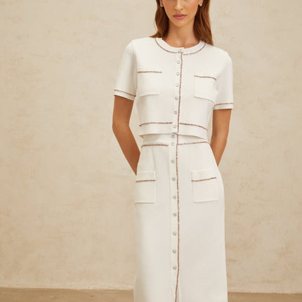 Charlotte White Knit Top and Skirt Set with Crystal Embellishments