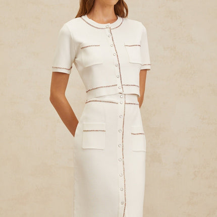 Charlotte White Knit Top and Skirt Set with Crystal Embellishments