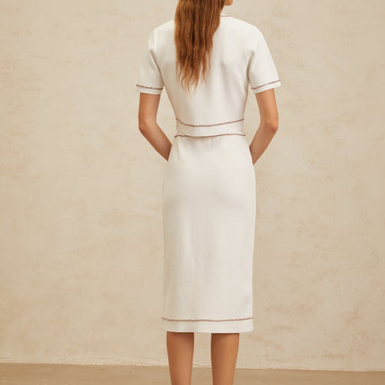 Charlotte White Knit Top Skirt Set Crystal Embellishments Short Sleeves Round Neck Chest Patch Pockets Ribbed Hem Press-Stud Fastening High Rise Decorative Buttons Midi Length Viscose Nylon