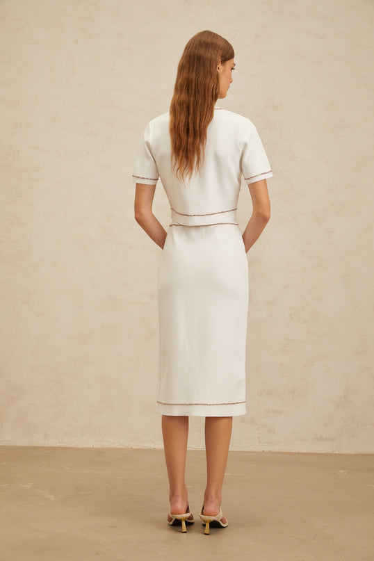 Charlotte White Knit Top Skirt Set Crystal Embellishments Short Sleeves Round Neck Chest Patch Pockets Ribbed Hem Press-Stud Fastening High Rise Decorative Buttons Midi Length Viscose Nylon