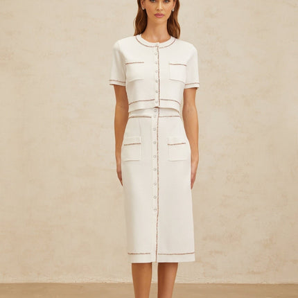 Charlotte White Knit Top Skirt Set Crystal Embellishments Short Sleeves Round Neck Patch Pockets Ribbed Hem Press-Stud Fastening High Rise Decorative Buttons Midi Length Viscose Nylon