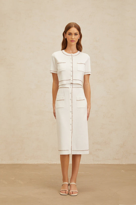 Charlotte White Knit Top Skirt Set Crystal Embellishments Short Sleeves Round Neck Patch Pockets Ribbed Hem Press-Stud Fastening High Rise Decorative Buttons Midi Length Viscose Nylon