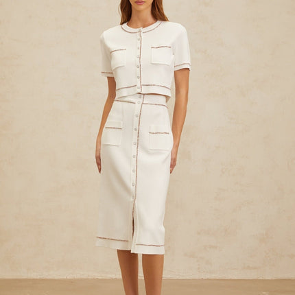 Charlotte White Knit Top Skirt Set Crystal Embellishments Short Sleeves Round Neck Chest Pockets Ribbed Hem Press Stud Fastening High Rise Decorative Buttons Midi Length Viscose Nylon