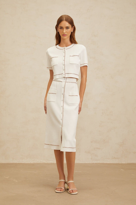 Charlotte White Knit Top Skirt Set Crystal Embellishments Short Sleeves Round Neck Chest Pockets Ribbed Hem Press Stud Fastening High Rise Decorative Buttons Midi Length Viscose Nylon