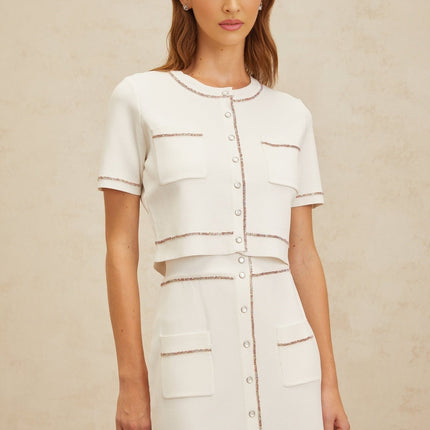 Charlotte White Knit Top and Skirt Set with Crystal Embellishments