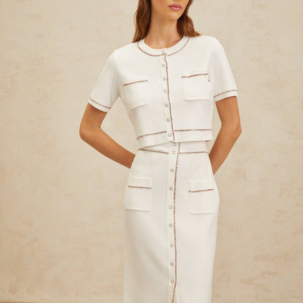 Charlotte White Knit Top Skirt Set Crystal Embellishments Short Sleeves Round Neck Chest Patch Pockets Ribbed Hem Front Press-Stud Fastening High Rise Decorative Buttons Midi Length Viscose Nylon