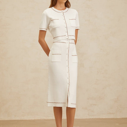 Charlotte White Knit Top Skirt Set Crystal Embellishments Short Sleeves Round Neck Patch Pockets Ribbed Hem Midi Length Viscose Nylon