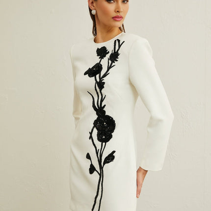 Charlotte White Sequin Embellished Mini Dress with Faux-Flower Detailing and Crystal Embellishments