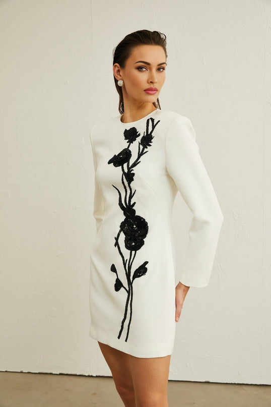 Charlotte White Sequin Embellished Mini Dress with Faux-Flower Detailing and Crystal Embellishments