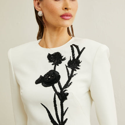 Charlotte White Sequin Embellished Mini Dress with Faux-Flower Detailing and Crystal Embellishments