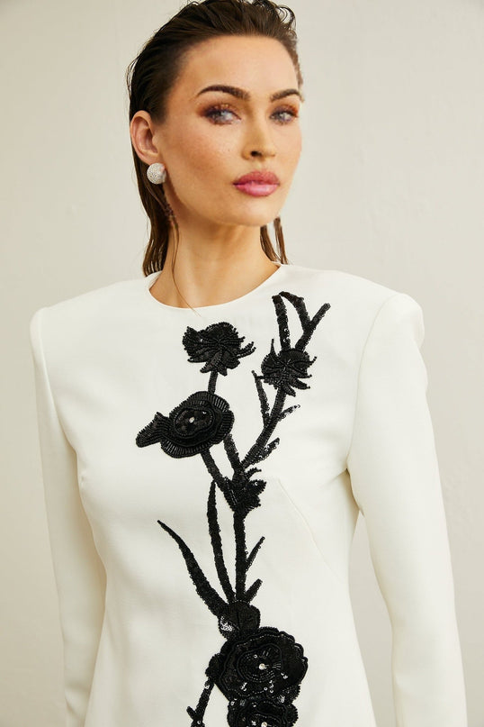 Charlotte White Sequin Embellished Mini Dress with Faux-Flower Detailing and Crystal Embellishments