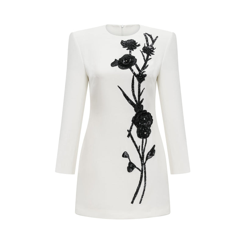 Charlotte White Sequin Embellished Mini Dress with Faux-Flower Detailing and Crystal Accents