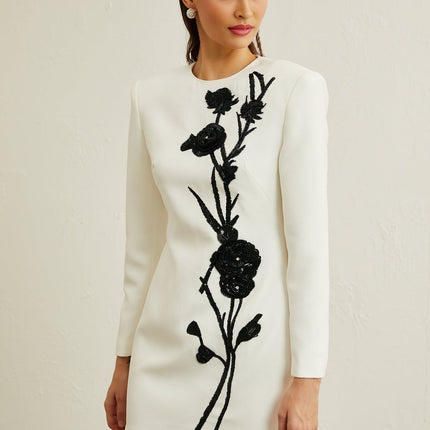 Charlotte White Sequin Mini Dress with Faux-Flower Detailing and Crystal Embellishments