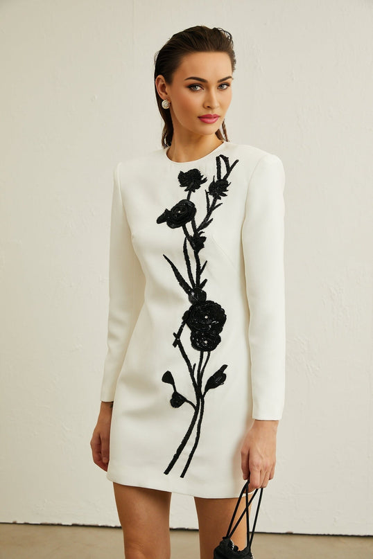 Charlotte White Sequin Mini Dress with Faux-Flower Detailing and Crystal Embellishments