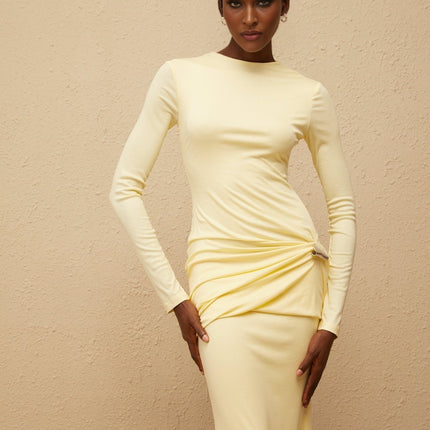 Charlotte Yellow Maxi Dress with Crew Neck and Long Sleeves