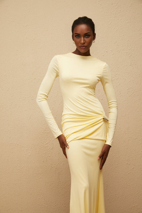 Charlotte Yellow Maxi Dress with Crew Neck and Long Sleeves