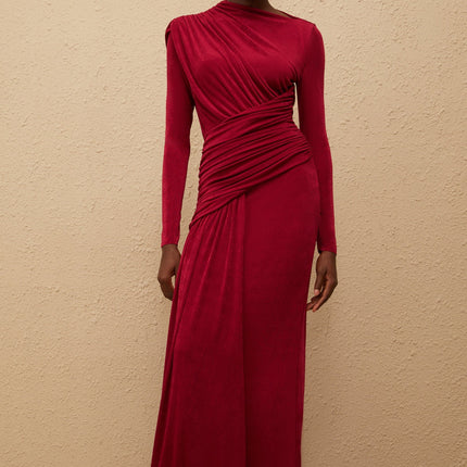 Charme Red Ruched Maxi Dress