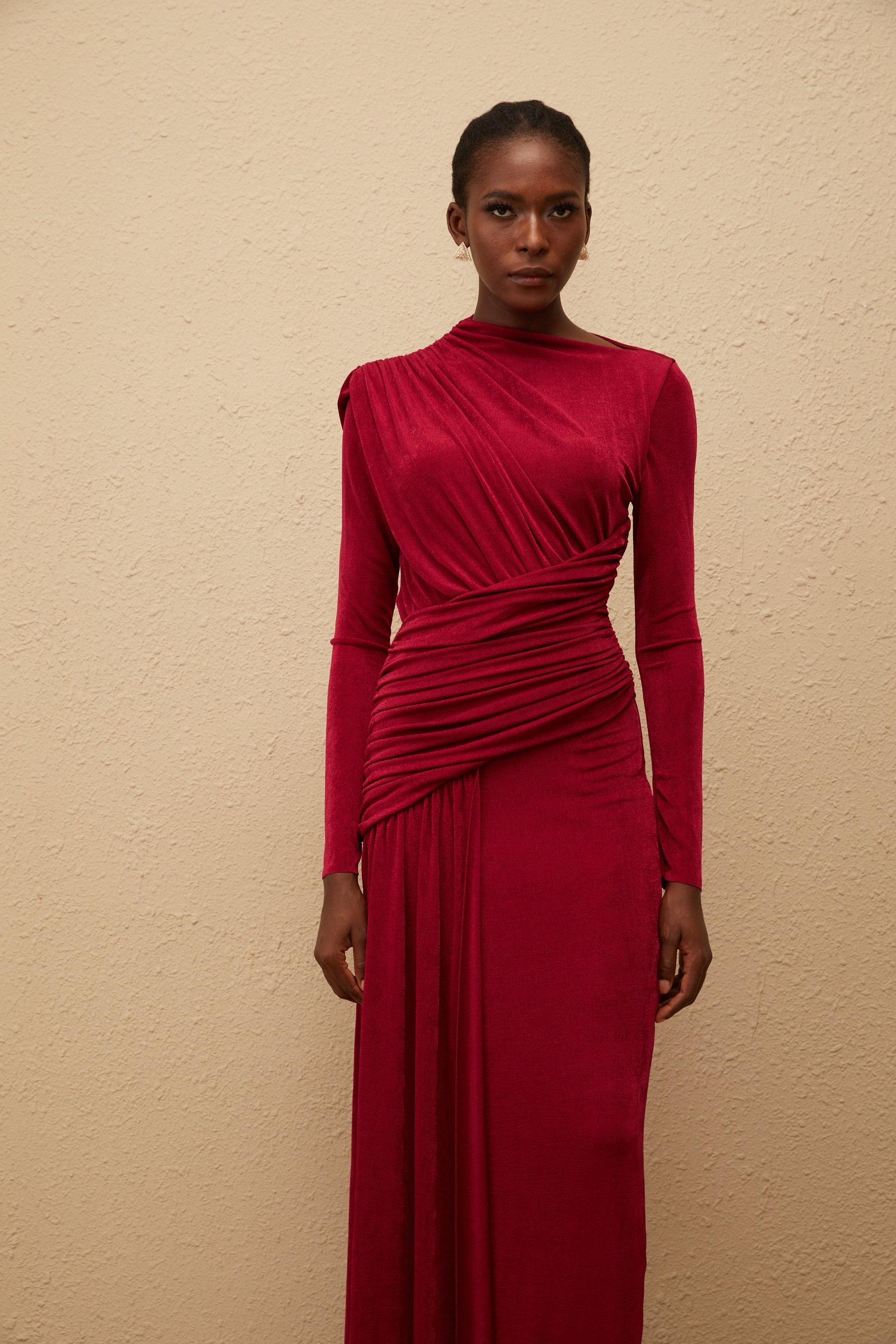 Charme Red Ruched Maxi Dress