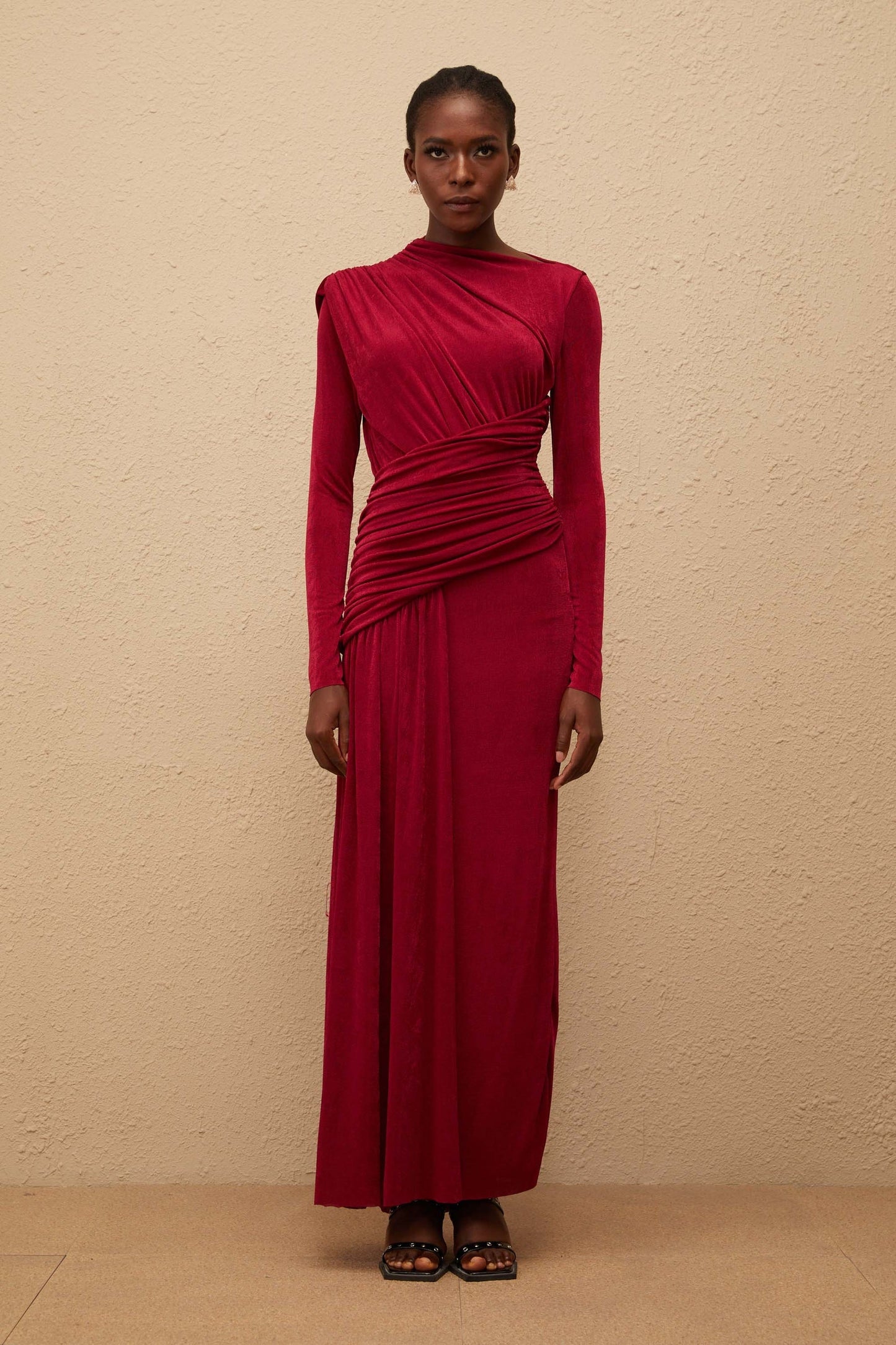 Charme Red Ruched Maxi Dress