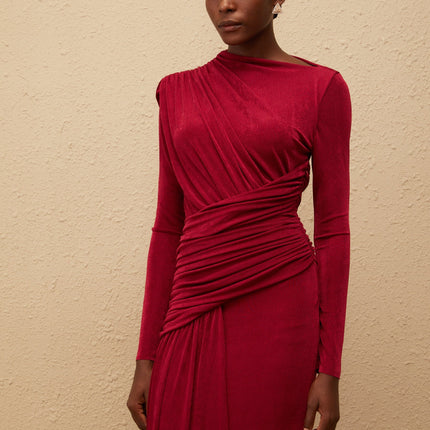 Charme Red Ruched Maxi Dress